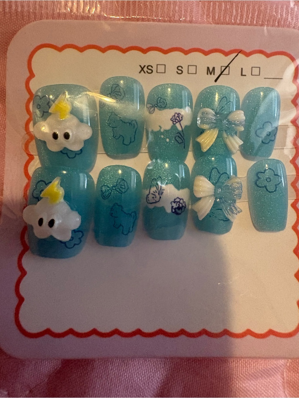 Blue Glitter Press-On Nails with Cloud & Bow Accents size Medium